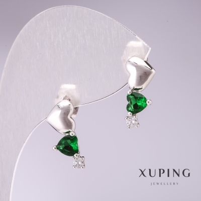 Сережки Xuping гірлянда з Сердець із зеленими каменями 17х7мм родій