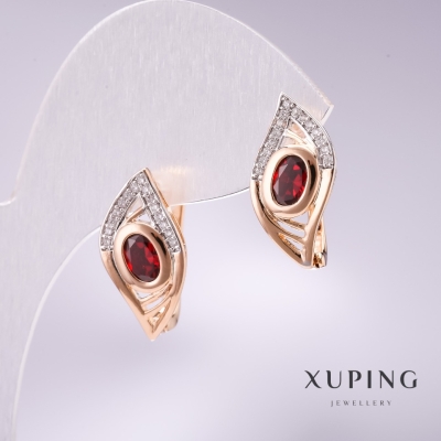 Сережки Xuping з червоними каменями 19х10мм родій, позолота