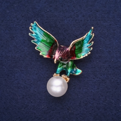 Брошка Птах Орел з перловою намистиною емаль колір морська хвиля бордовий зелений фіолетовий мм золотистий метал