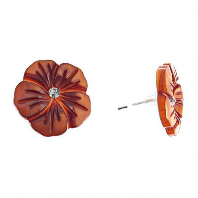 Сережки-гвоздики нат. перламутр зі стразом "Шоколадна Квітка" сріблястий метал, 20mm