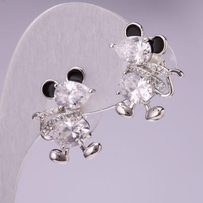 Сережки Мишки з білими кристалами, колір металу срібло 20х14 мм