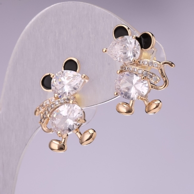 Сережки Мишки з білими кристалами, колір металу золото 20х14 мм