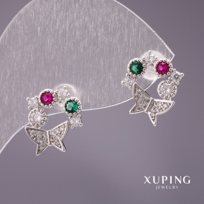 Сережки Xuping пусети Метелики з стразами колір білий зелений малиновий 13х12мм родій