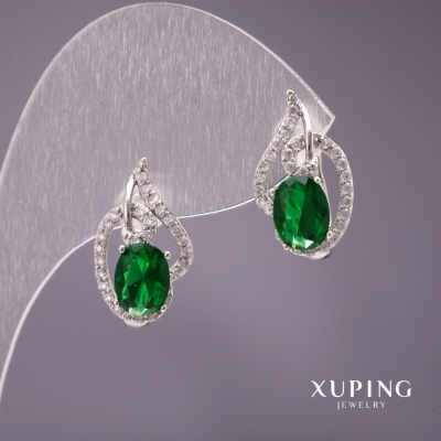 Сережки Xuping з каменем колір зелений 18х11мм родій