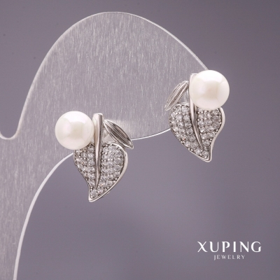 Сережки Xuping Листики з перлами Майорка колір білий 17х13мм родій