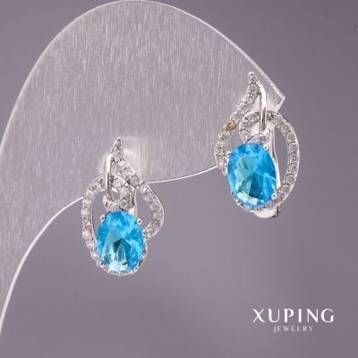 Сережки Xupingс каменем колір блакитний 18х10мм родій