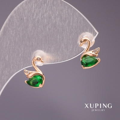 Сережки Xuping пусети кульчики Лебеді з каменем колір зелений 10х7мм позолота 18к