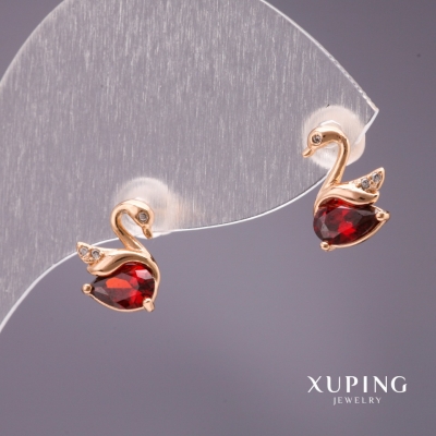 Сережки Xuping пусети кульчики Лебеді з каменем колір червоний 10х7мм позолота 18к