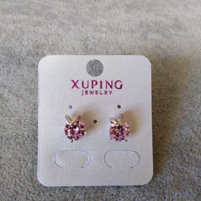 Сережки Xuping пусети кульчики Серце з каменем колір бузковий, діаметр 11х9мм родій
