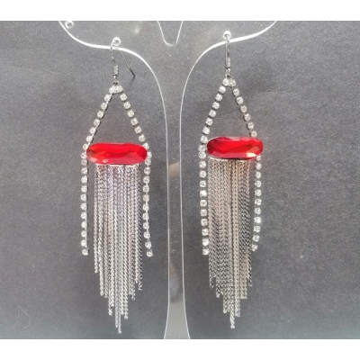 Сережки-підвіски з червоними овальними кристалами і ланцюжками, 95 * 23мм