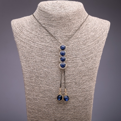 Підвіска-галстук з синіми кристалами на довгому ланцюжку метал "чорне золото", діаметр 14х48мм, довжина 90