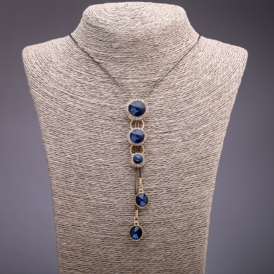 Підвіска-галстук з синіми кристалами на довгому ланцюжку метал "чорне золото", діаметр 20х56мм, довжина 90
