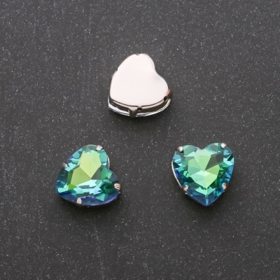 Пришивний кристал в цапі Серце 12мм зелено-синій