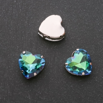 Пришивний кристал в цапі Серце 14мм зелено-синій