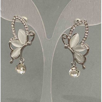 Сережки-пусети "Крило метелика" в стразах/ вставка "котяче око" кристал/сріблястий метал/30*20мм