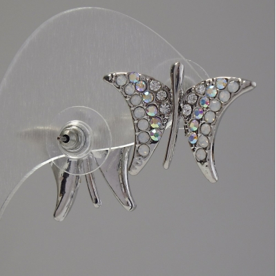 Сережки-пусети Метелики, стрази-хамелеон, метал під срібло, 2, 2см