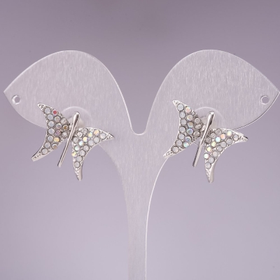 Сережки-пусети Метелики, стрази-хамелеон, метал під срібло, 2,2см