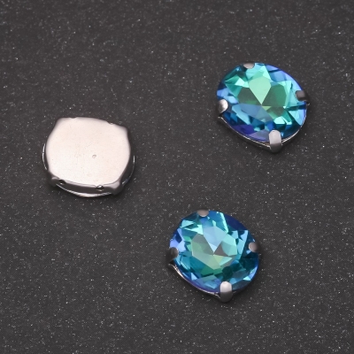Пришивний кристал в цапі Овал 10х12мм зелено-синій