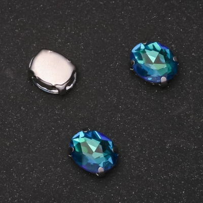 Пришивний кристал в цапі Овал 8х10мм зелено-синій