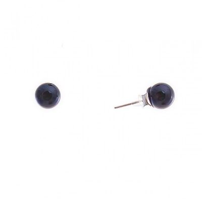 Сережки-пусети Кулька з чорним агатом, метал під срібло, 8мм