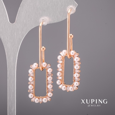 Сережки Xuping з білими каменями та перлами Майорка 16х48мм Позолота 18К