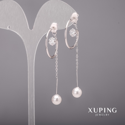 Сережки Xuping з білими каменями і перлами Майорка 22х62мм Родій