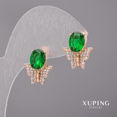 Сережки Xuping з зеленими каменямии 14х17мм Позолота 18К