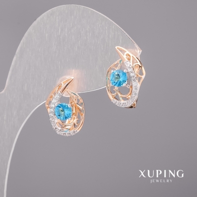 Сережки Xuping з блакитними каменями 11х16мм Родій, Позолота 18К