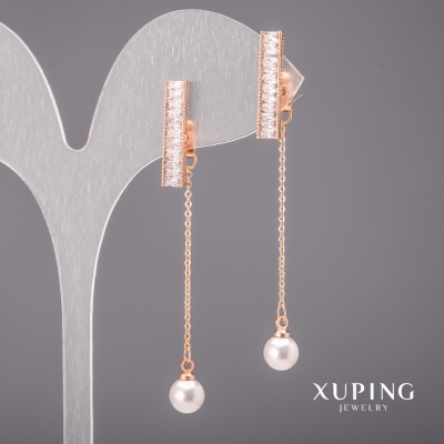 Сережки Xuping з білими каменями та перлами Майорка 6х55мм Позолота 18К
