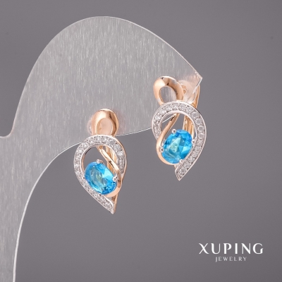 Сережки Xuping з блакитним каменем 10х20мм родій, позолота 18к