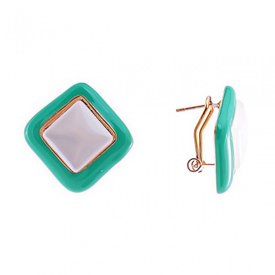 Сережки-пусети ромби бірюзова емаль з кабошоном "котяче око" метал золотистий, 25мм