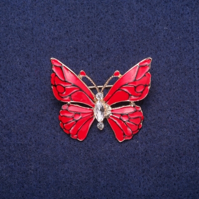 Брошка Метелик червона емаль з кристалом, золотистий метал 29х37мм