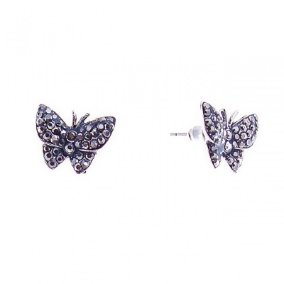 Сережки-пусети- метелики, усипані стразами, під "старе" срібло, 15мм