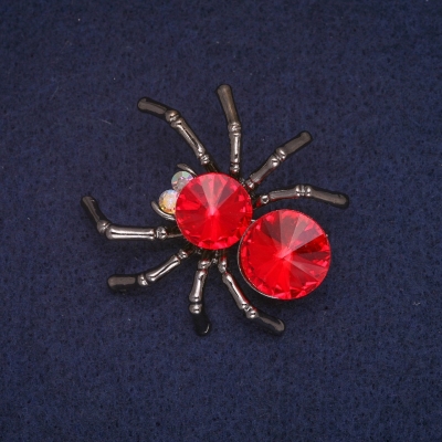 Брошка Павук з червоним кристалом і сірою емаллю, сріблястий метал 36х40мм