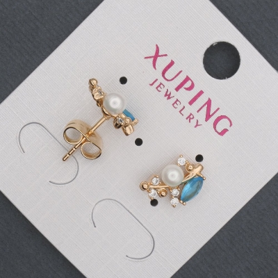 Сережки пусети кульчики Xuping з блакитними кристалами та Майоркою, діаметр 8х13мм Позолота 18К