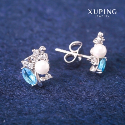 Сережки пусети кульчики Xuping з блакитними кристалами та Майоркою, діаметр 8х13мм Родій
