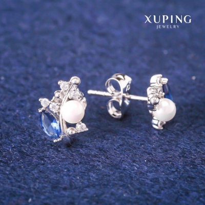 Сережки пусети кульчики Xuping з синіми кристалами та Майоркою, діаметр 8х13мм Родій