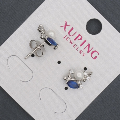 Сережки пусети кульчики Xuping з синіми кристалами та Майоркою, діаметр 8х13мм Родій Сережки пусети кульчики Xuping з синіми кристалами та Майоркою, діаметр 8х13мм Родій
