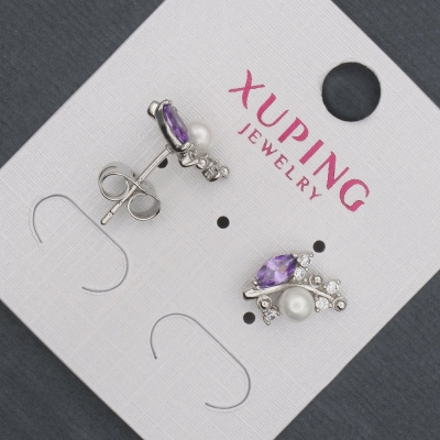 Сережки пусети кульчики Xuping з бузковими кристалами та Майоркою, діаметр 8х13мм Родій