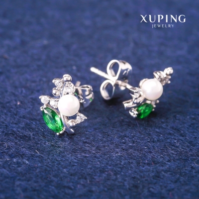 Сережки пусети кульчики Xuping із зеленими кристалами та Майоркою, діаметр 8х13мм Родій