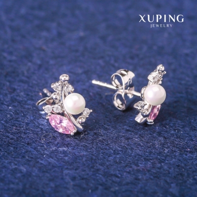 Сережки пусети кульчики Xuping з рожевими кристалами та Майоркою, діаметр 8х13мм Родій