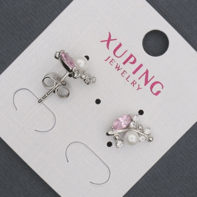 Сережки пусети кульчики Xuping з рожевими кристалами та Майоркою, діаметр 8х13мм Родій