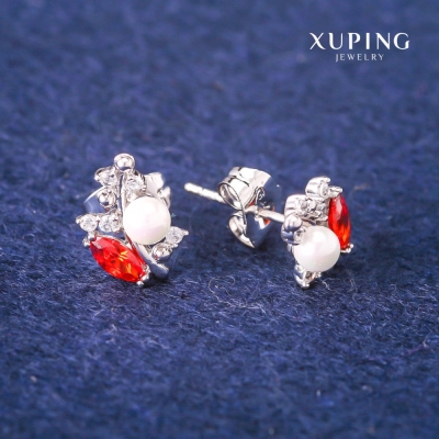 Сережки пусети кульчики Xuping з червоними кристалами та Майоркою, діаметр 8х13мм Родій