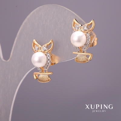 Сережки Xuping з перлами Майорка та білими каменями 9х17мм Позолота 18К