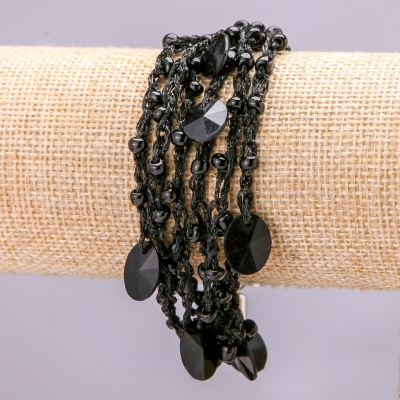 Браслет метал замок карабін на ланцюжку нитку макраме чорна гранування камені чорні круглі