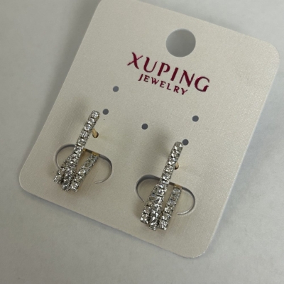 Сережки Xuping з білими стразами 2х20мм родій, позолота 18к