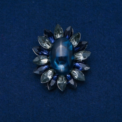 Брошка Квітка 50х43мм кабошон Агат, колір синій, сірий, сріблястий метал