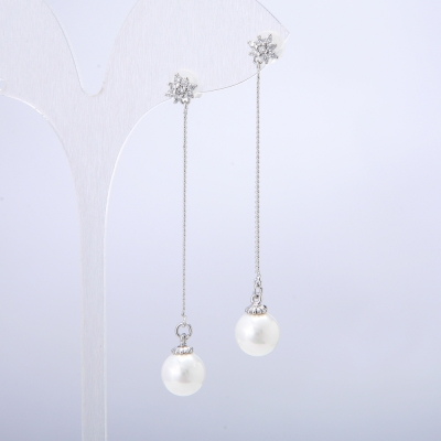 Сережки Xuping Сережки пусети кульчики Родій з білою намистиною та білими стразами, діаметр 8,8мм + -, довжина 60мм + -