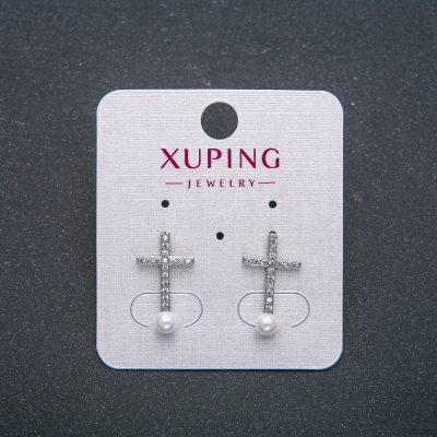 Сережки пусети кульчики Хрестик Xuping Родій з білими стразами та намистиною, діаметр 18х10мм + -