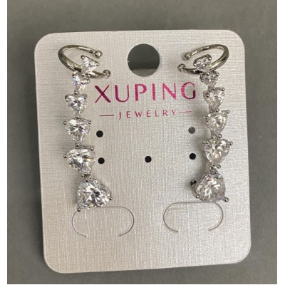 Каф пусет Xuping Родій з білими кристалами серце 32х10мм + Каф пусет Xuping Родій з білими кристалами серце 32х10мм +